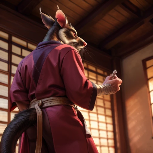 low-angle view,
standing, dojo, japanese temple, inside, clothed, kimono, red kimono, rat tail, red eyes, goatee, brown body, white fur, black fur, bandages, safe,
(master splinter:1.2), rear view, solo, cum dripping from clothes, topwear, bottomwear,
BREAK,
by bruteandbrawn, by personalami, by kenket, (intricate, high detail, film photography, soft focus, RAW candid cinema,
photorealism, realistic, photorealistic, analog style, subsurface scattering,
masterpiece, best quality, ultra realistic, 8k)