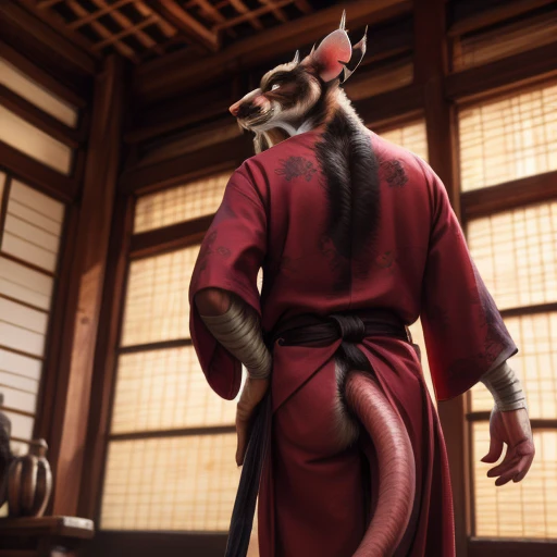 low-angle view,
standing, dojo, japanese temple, inside, clothed, kimono, red kimono, rat tail, red eyes, goatee, brown body, white fur, black fur, bandages, safe,
(master splinter:1.2), rear view, solo, cum dripping from butt, topwear, bottomwear,
BREAK,
by bruteandbrawn, by personalami, by kenket, (intricate, high detail, film photography, soft focus, RAW candid cinema,
photorealism, realistic, photorealistic, analog style, subsurface scattering,
masterpiece, best quality, ultra realistic, 8k)