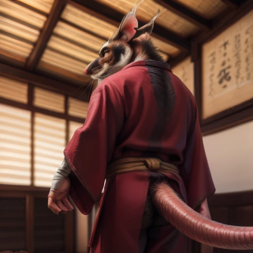 low-angle view,
standing, dojo, japanese temple, inside, clothed, kimono, red kimono, rat tail, red eyes, goatee, brown body, white fur, black fur, bandages, safe,
(master splinter:1.2), rear view, massive butt, penis, balls, solo, topwear, bottomwear,
BREAK,
by bruteandbrawn, by personalami, by kenket, (intricate, high detail, film photography, soft focus, RAW candid cinema,
photorealism, realistic, photorealistic, analog style, subsurface scattering,
masterpiece, best quality, ultra realistic, 8k)