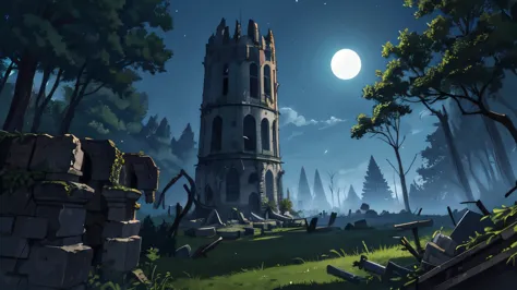 the forest, the ruined tower, ruins of a medieval tower, night, moon in the sky