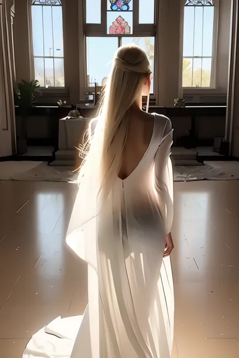 (masterpiece, best quality:1.2), 1girl, solo, delicate face, white-skinned female, blonde,long hair, see-through silhouette, white dress, full body, indoor, in churche, from behind, back