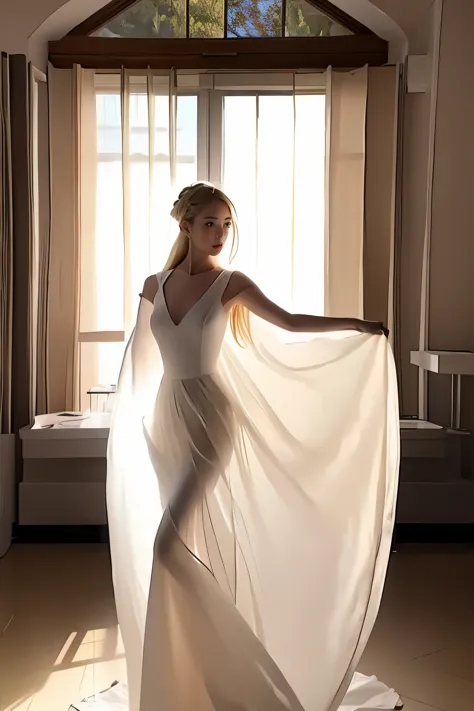 (masterpiece, best quality:1.2), 1girl, solo, delicate face, white-skinned female, blonde,long hair, see-through silhouette, white dress, full body, indoor, in castle