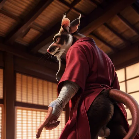 low-angle view,
standing, dojo, japanese temple, inside, clothed, kimono, red kimono, rat tail, red eyes, goatee, brown body, wh...
