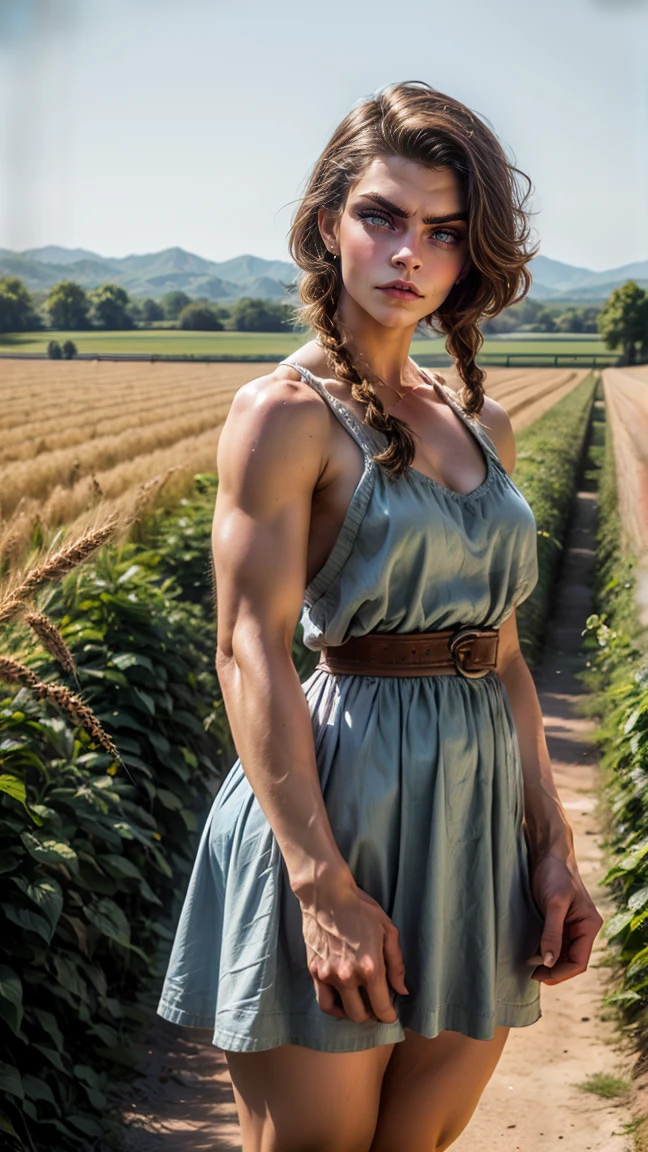 1girl, 20 years old, tall and attractive, wearing a cute country dress, hair braided, standing in a rustic farm setting. She has a soft, gentle smile and expressive eyes. In the background are charming barns, golden wheat fields and clear blue skies. The composition should be bathed in warm golden hour light, with soft depth of field and soft bokeh to accentuate the idyllic tranquility. Capture images as if they were shot on vintage 35mm film for added oomph, filmg,