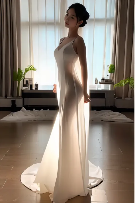 (masterpiece, best quality:1.2), 1girl, solo, delicate face, white-skinned female, see-through silhouette, white dress, full body, indoor,banquet