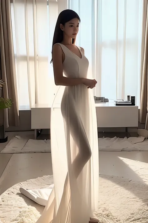 (masterpiece, best quality:1.2), 1girl, solo, delicate face, white-skinned female, see-through silhouette, white dress, full body, indoor,in bedroom