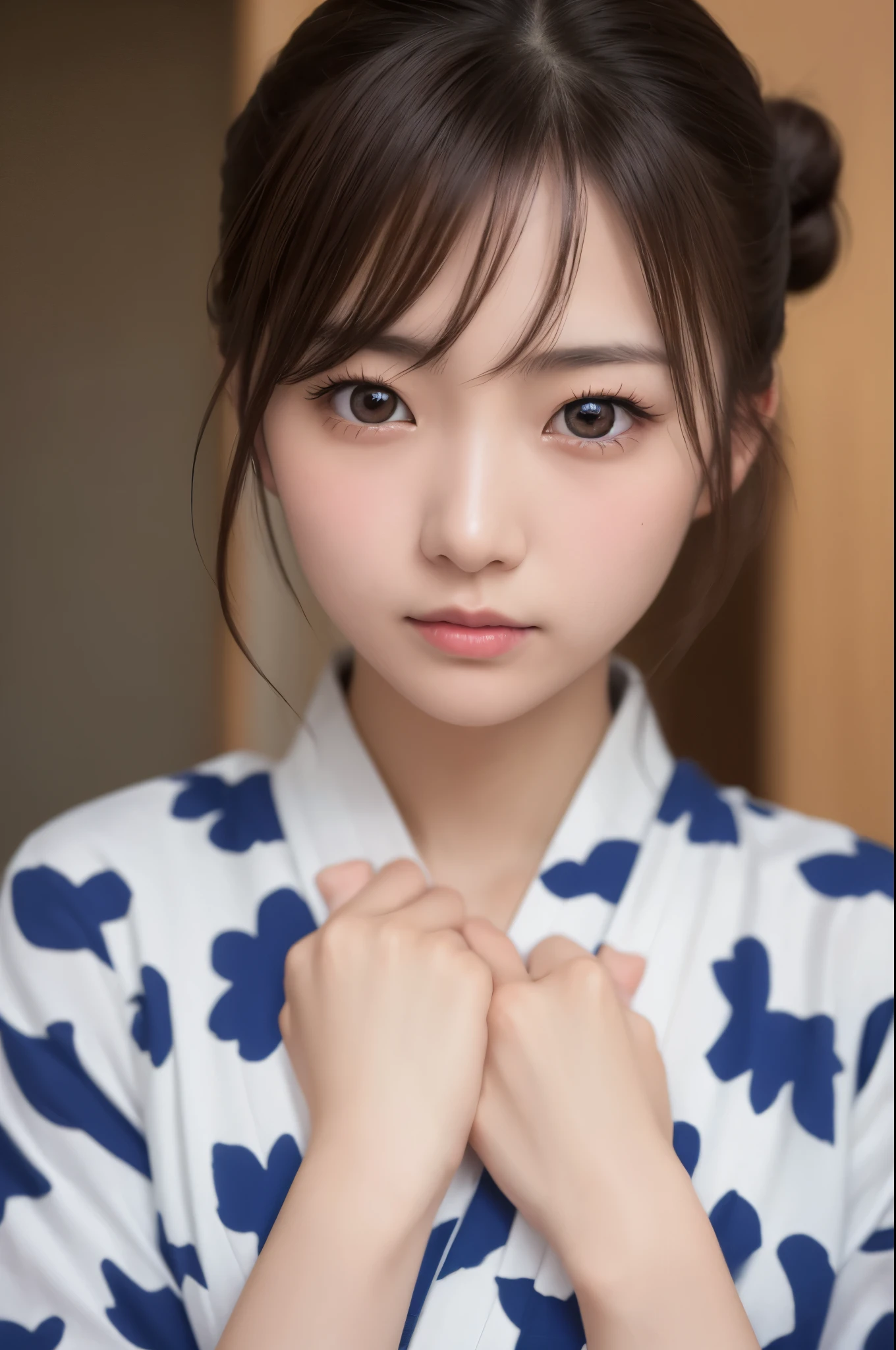 (solo、Japanese female 1 person:1.2), Light brown hair, (single hair bun:1.1), yukata、medium breast, Ultra Fine Face, great writing、Thin face, Delicate lips, (Beautiful Eyes:1.3), ((embarrassed:1.3)), Embarrassed and blushing, (Staring at the camera:1.3)、I put my hands on my chest、8k, Super Detail, high quality, 最high quality, High resolution