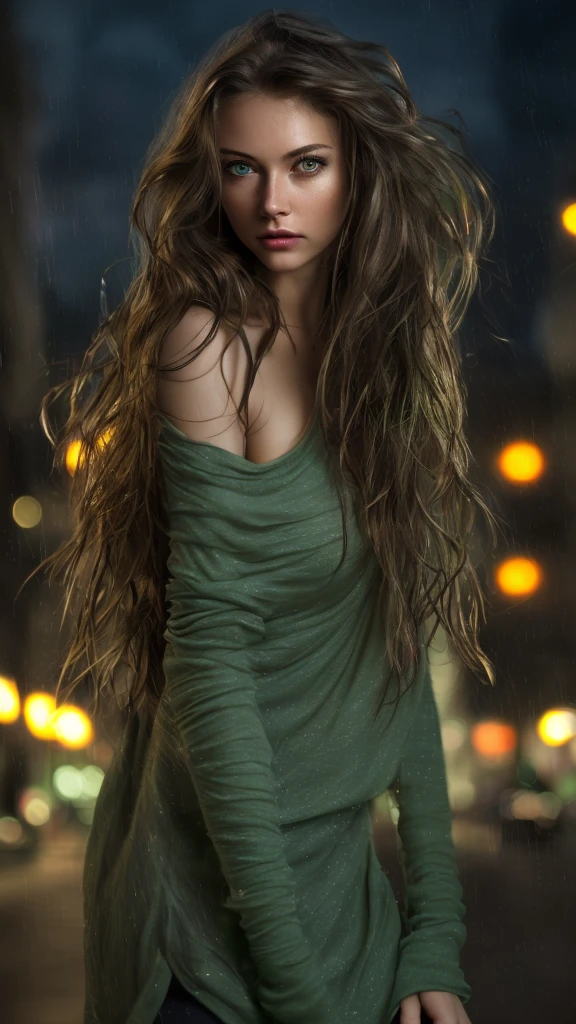 best quality,  (depth of field) ,ultra high res, (photorealistic:1.4), RAW photo, city at night 1european woman , , solo , (green eyes), natural face  , sexy sensual confident look, city lights,,mature sexy confident,  dark long messy brunette hair 