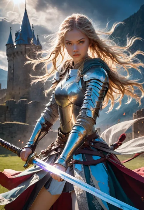 1girl,Swordsman,(with sword and armor),medieval setting,heroic pose,dramatic lighting,vivid colors,realistic details,strong and ...