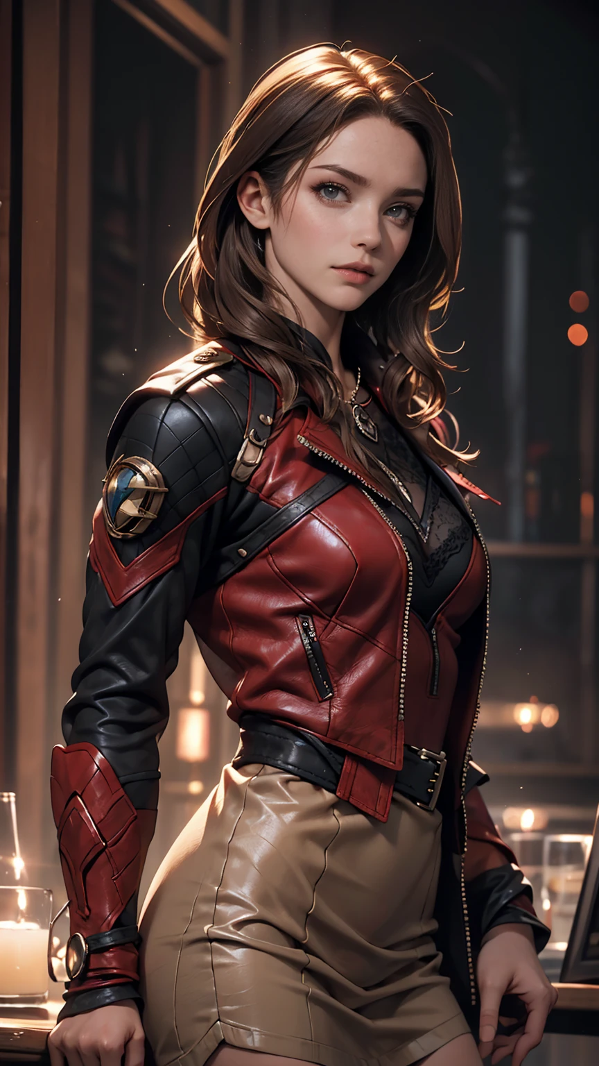 Highly detailed female photos, Lola Elizabeth, Scarlet Witch, the avengers, wearing a black lace dress, Open red leather jacket, 8K Ultra HD, Raw photo, Model photoshoot