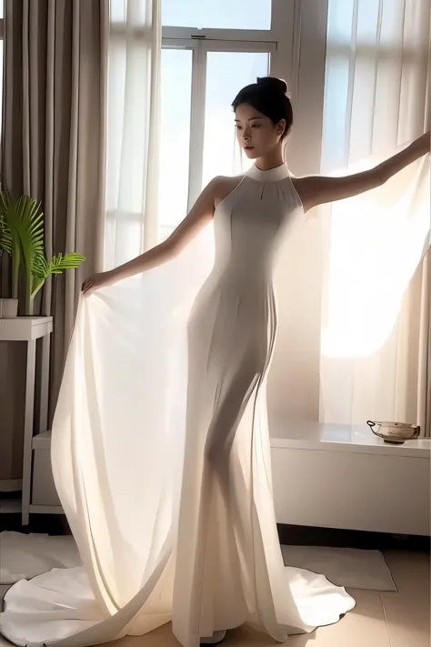 (masterpiece, best quality:1.2), 1girl, solo, delicate face, white-skinned female, see-through silhouette, white dress, full body, indoor