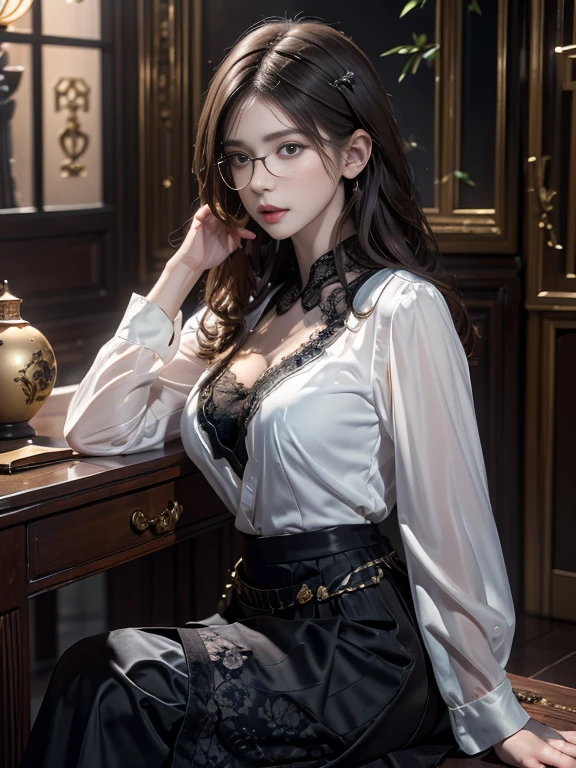 (Realistic、High resolution:1.3),alone, One Girl, masterpiece, highest quality, Very detailed, Cinema Lighting, Intricate details, High resolution, Official Art, Beautifully detailed face and eyes, High resolutionのイラスト, 8k, (Short Bob Hair), Ash Brown Hair:1.3, Very thin body, ((Long skirt、Black lace blouse :1.3)) 、Single Blade, blue eyes, Glasses, Conceit, Sit on a chair, Upper Body, Big Breasts, White shirt, Book_stack, library, ((vine)), Rose, Looking at the audience