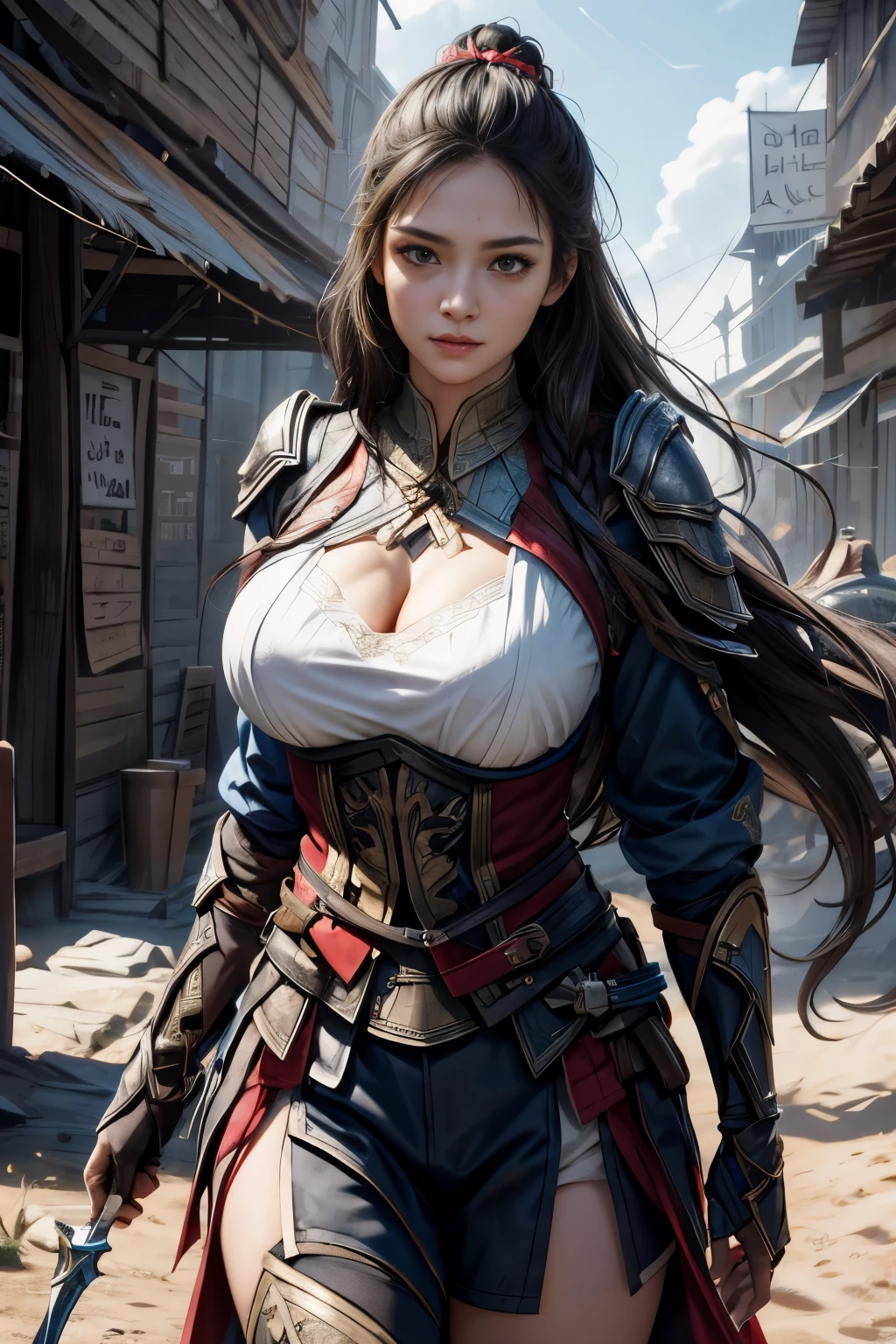 Porträt einer Kriegerin, die vor einem Pferd steht, sexy Gesicht, niedliches Gesicht, Attentäter&#39;s Creed Spiele, fotorealistisch, Post apokalypse, babe, Riesige feste, wippende Brüste, 18 Jahre alt, 160cm hoch, Brüste Teil der Rüstung weit geöffnet