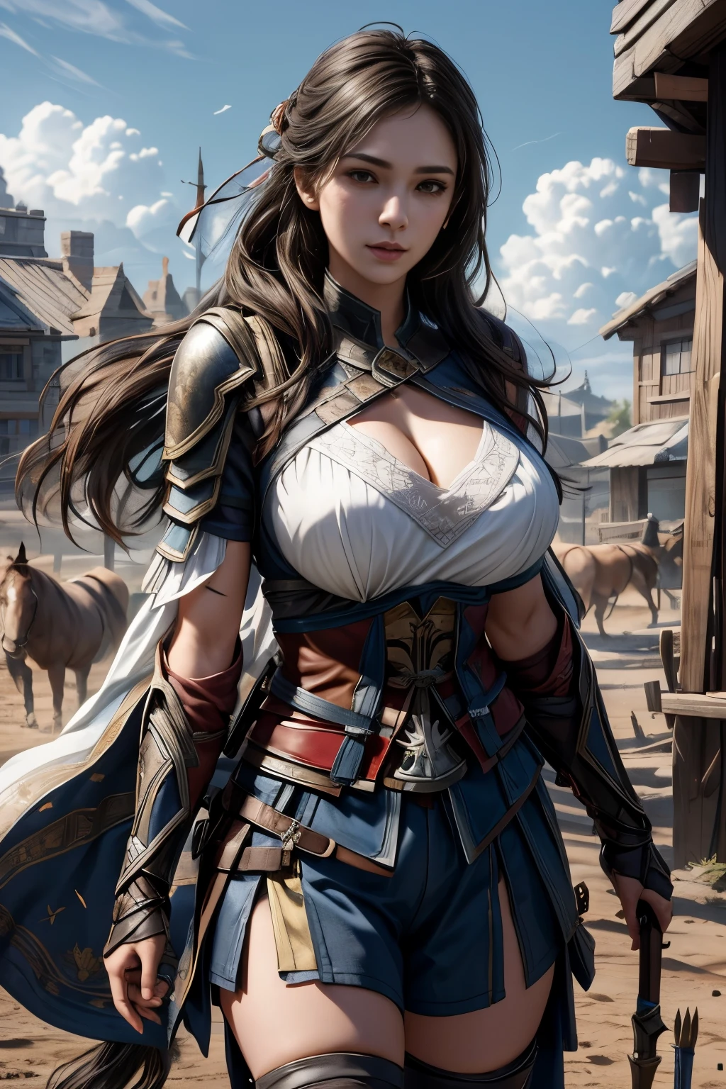 Portrait of a female warrior standing in front of a horse, sexy face, cute face, Assassin&#39;s Creed Games, Photorealistic, post apocalypse, babe, huge firm bouncing breasts, 18 years old, 160cm tall high, breasts part of armor widely open