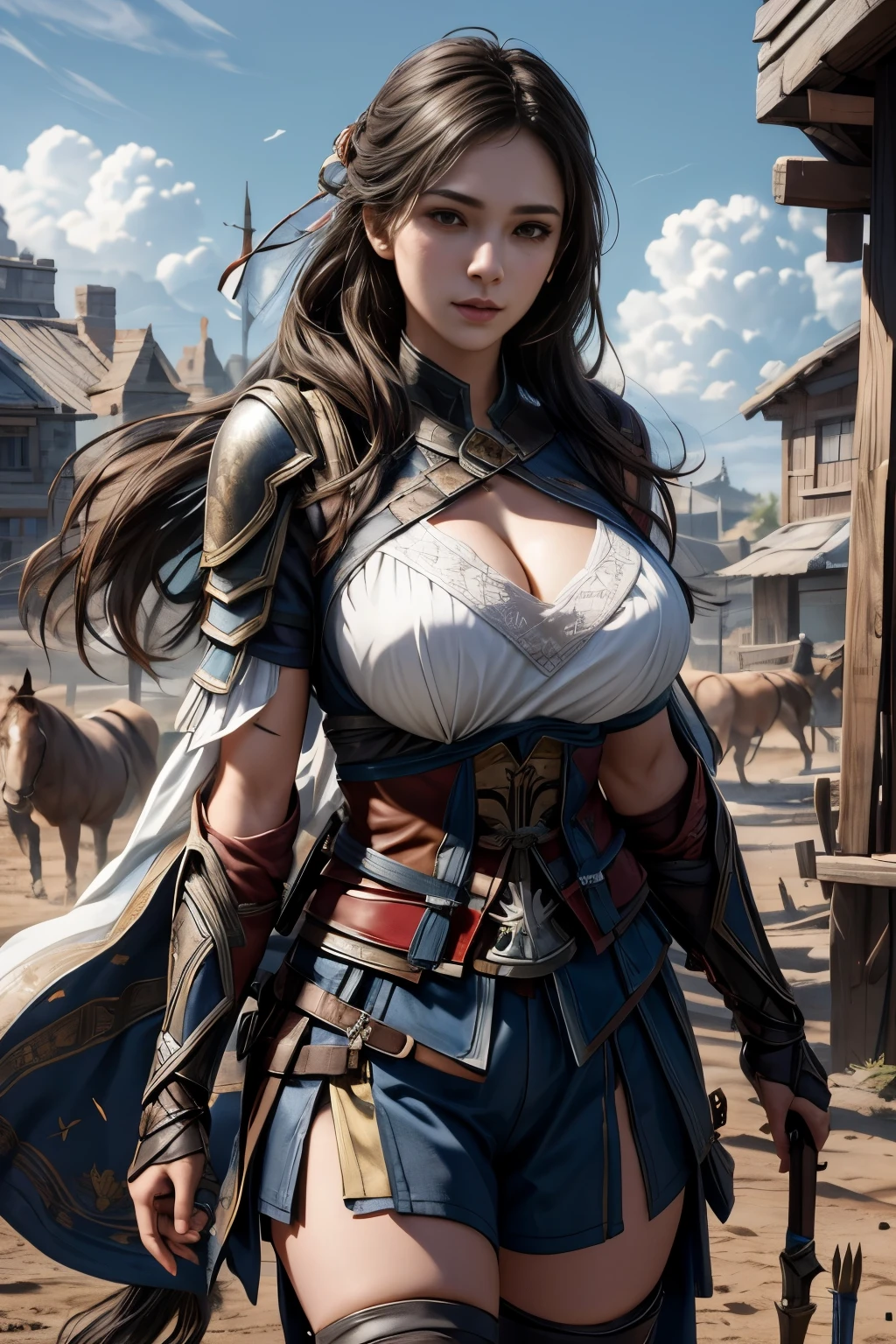 Portrait d&#39;une guerrière debout devant un cheval, visage sexy, visage mignon, Assassin&#39;Jeux Creed, Photoréaliste, post-apocalypse, bébé, D&#39;énormes seins fermes et rebondissants, 18 ans, 160 cm de haut, seins faisant partie de l&#39;armure largement ouverts