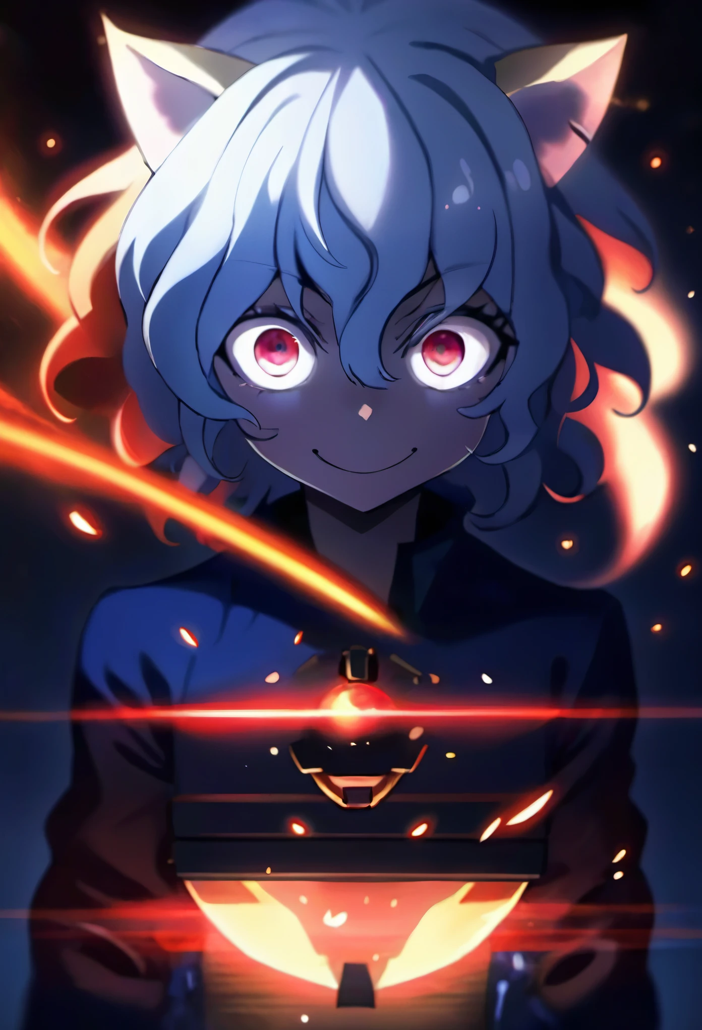 Cowboy Shot, Has red eyes and white hair、Red pupils, Big eyes, Anime characters holding strings, neferpitou, Cat ear, Muffett in the undertail, Devil Anime Boy, Official Art, Devil Boy, High quality fan art, With eyes that glow red, From desire, Official Fan Art, Detailed fan art, Favorite character, Official Artwork, Navy blue jacket, Brown trousers, laughing, boy, Fluid art, (High resolution), (Sharp focus), (Realistic:1.37), (Physically Based Rendering), (Very detailed explanation), (Professional), (Vibrant colors), (Portraiture), (Soft lighting), (超High resolution), (White Ideal Hair), (Studio Lighting), (Blue street lights), (highest quality, 4K, 8k, High resolution, masterpiece:1.2), (Very detailed), Flowing, Shimizu, Creepy Smile, pixiv masterpiece::1.5 ,high detailed,light particles,glitch effect, geometrical pattern,symbol particles,black background, dynamic angle, 