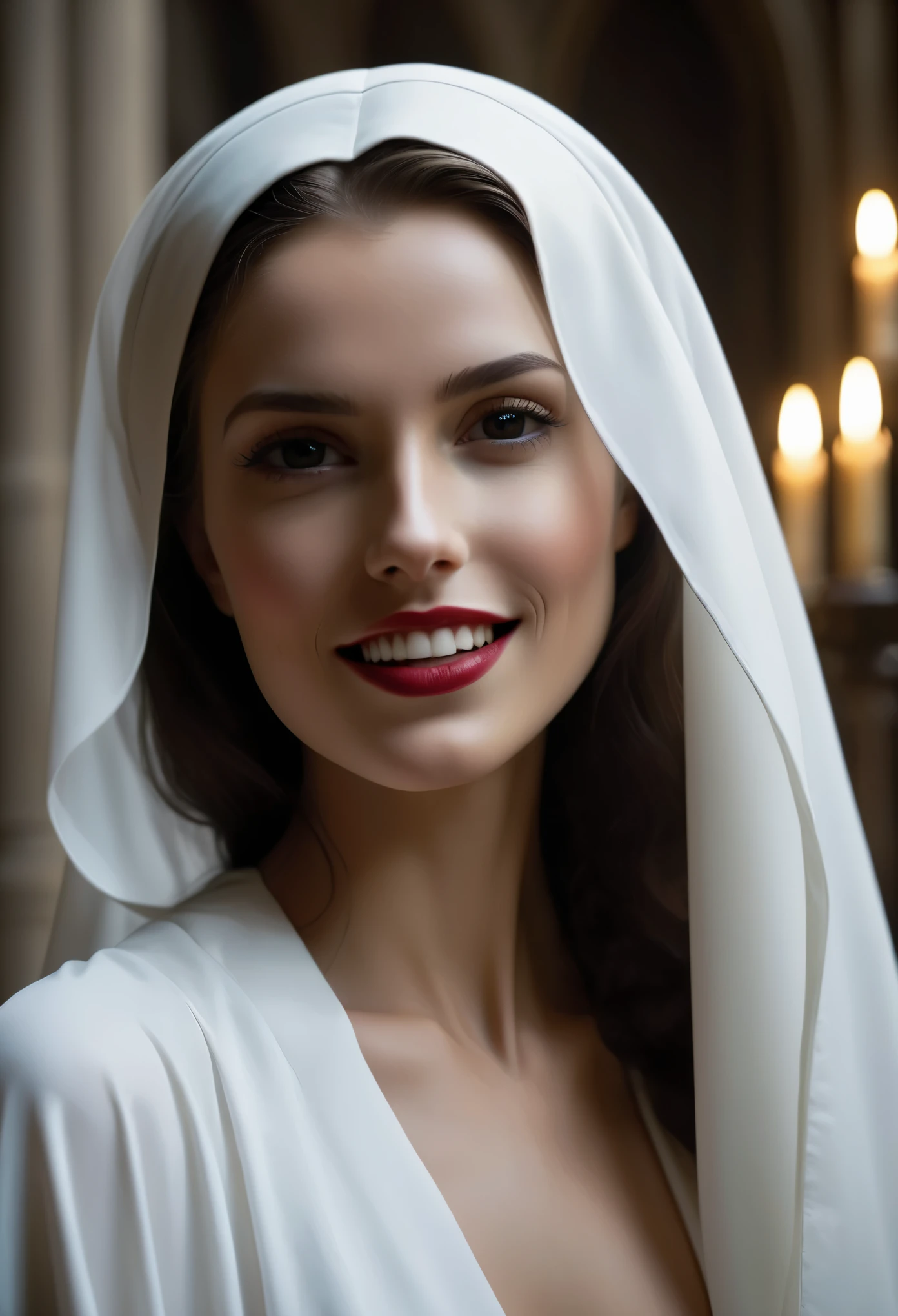 (best quality,4k,8k,highres,masterpiece:1.2), ultra-detailed, (realistic,photorealistic,photo-realistic:1.37), In the flickering candlelight of a dimly lit cathedral, there stands a figure that strikes a curious balance between beauty and malevolence. Cloaked in the guise of a serene nun, this entity exudes an otherworldly allure that belies its true nature.

Her form is draped in flowing robes of pure white, the fabric cascading around her like a veil of innocence. Each fold and crease seems to whisper of sanctity and devotion, drawing the eye with its ethereal grace. But beneath the surface lies a darkness that threatens to consume all who dare to gaze upon her.

Her face, framed by a simple white wimple, is a study in contrasts. High cheekbones and delicate features give her an air of angelic serenity, while her eyes, pools of obsidian darkness, gleam with a wicked intelligence that betrays her demonic origins. They hold a hypnotic allure, drawing the unwary into their depths with a promise of forbidden pleasures.

But it is her smile that truly unnerves those who behold her. It is a smile of pure malevolence, a twisted mockery of the serene expressions worn by the faithful. Her lips, painted a deep crimson, curl upwards in a sinister grin, revealing a row of perfectly white teeth that seem almost too sharp to be human.

As she moves with a predatory grace through the hallowed halls of the cathedral, her presence casts a shadow over all who cross her path. She is a creature of temptation and deceit, a seductress who preys upon the weaknesses of the soul with merciless abandon.

And though her beauty may be captivating, it is but a mask for the darkness that lurks within. She is a fallen angel, a harbinger of sin and corruption, and those who dare to look upon her do so at their own peril.





