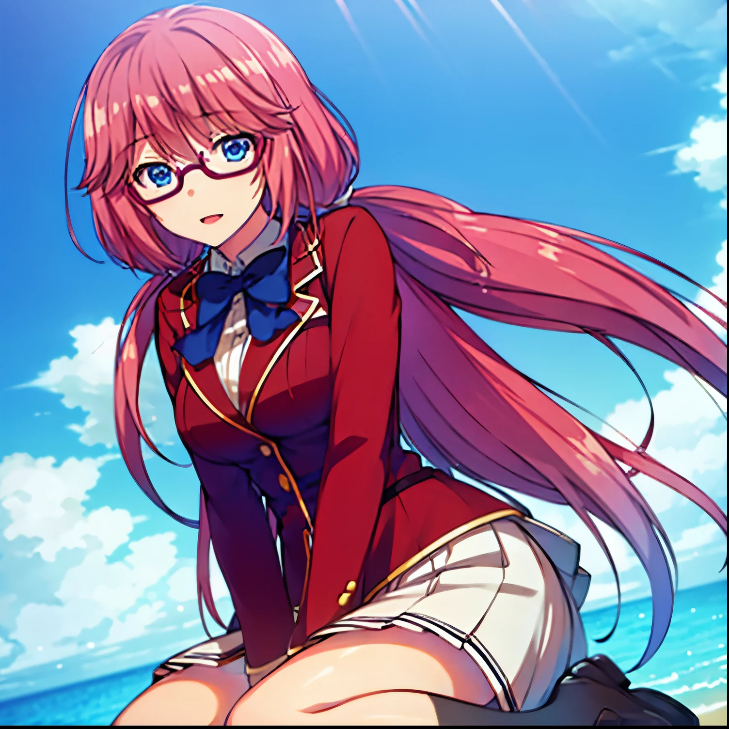 Anime girl with long pink hair sitting on a rock in front of the ocean -  SeaArt AI