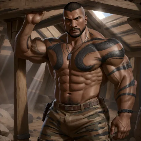 (masterpiece, best quality:1.2), dwayne johnson, solo, (cowboy shot), inside desert camouflage colored tent, (standing at attention), brunette hair, (buzz cut hair), powerful pecs, huge biceps, pectoral, huge pectoral, wide pectoral, six pack abs, camoufla...