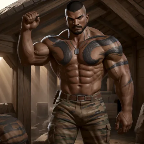 (masterpiece, best quality:1.2), A dark skin muscular soldier, solo, (cowboy shot), inside desert camouflage colored tent, (standing at attention), brunette hair, (buzz cut hair), powerful pecs, huge biceps, pectoral, huge pectoral, wide pectoral, six pack...
