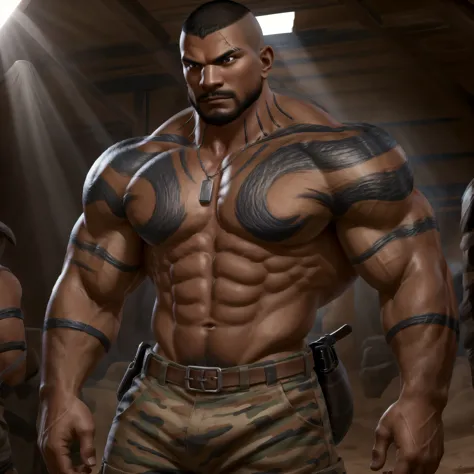 (masterpiece, best quality:1.2), A dark skin muscular soldier, solo, (cowboy shot), inside desert camouflage colored tent, (standing at attention), brunette hair, (buzz cut hair), powerful pecs, huge biceps, pectoral, huge pectoral, wide pectoral, six pack...