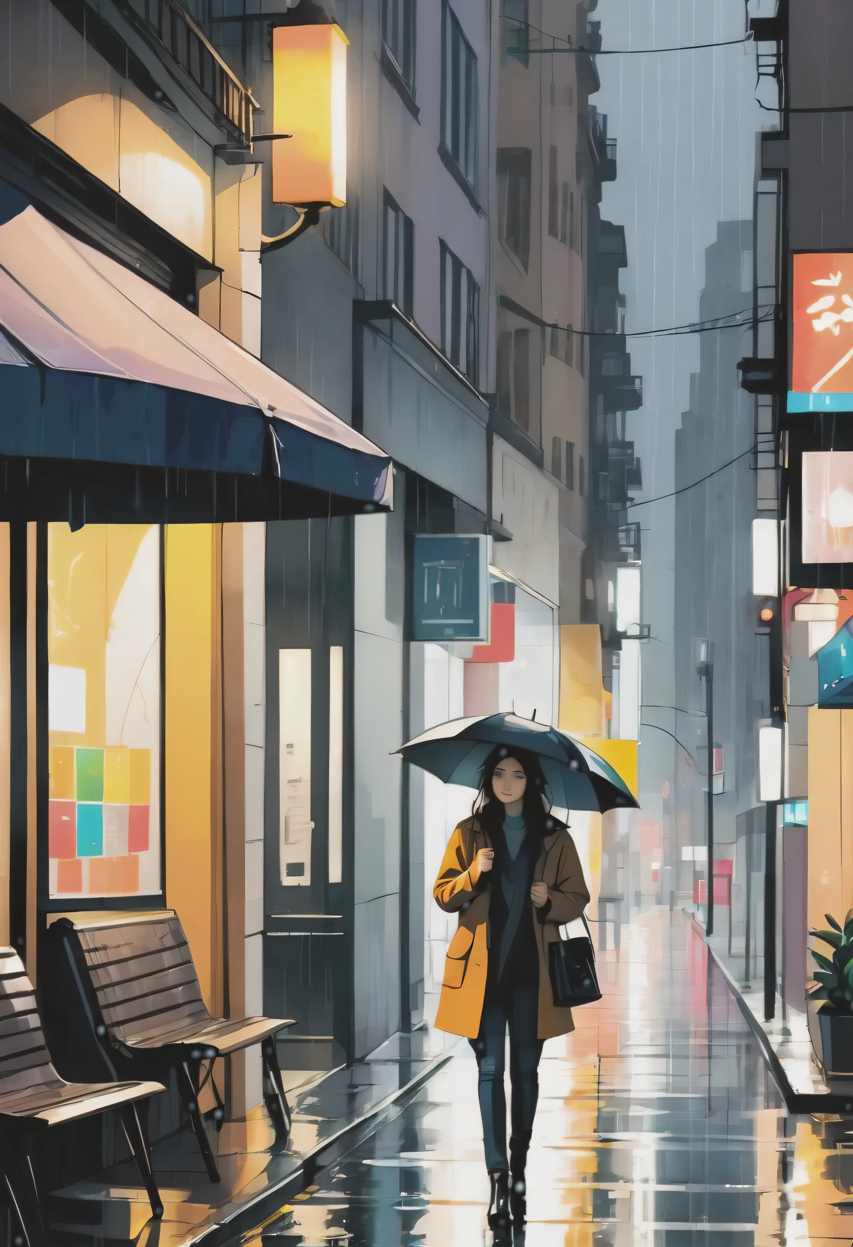 ilustração em aquarela em estilo de arte conceitual pós-moderna, com três cores calmas e brilhantes, traços finos sem contorno, salpicos mínimos, retratando um final de tarde escuro e chuvoso na cidade, onde uma linda garota com um guarda-chuva preto atravessa a calçada.