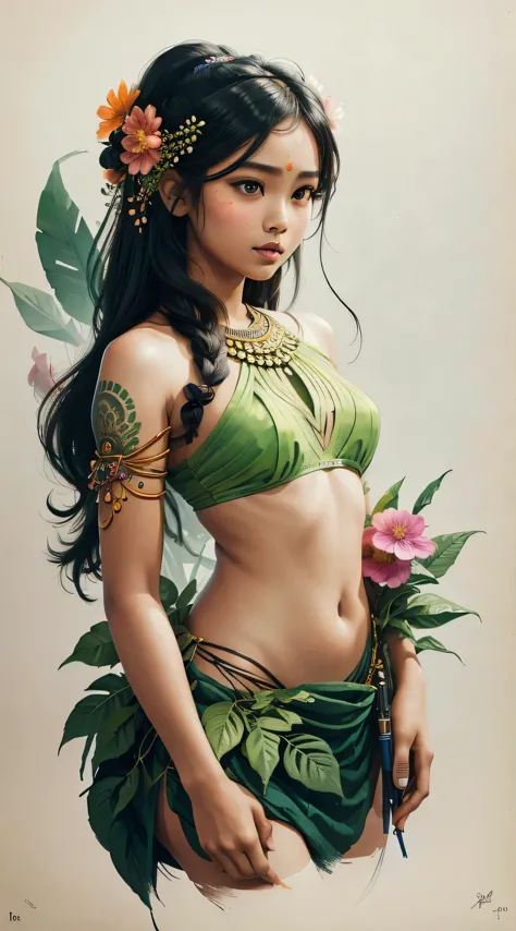 This photo shows、It combines the body of a breathtakingly beautiful East Indian girl with flowers and leaves.。, Bright colors, H...
