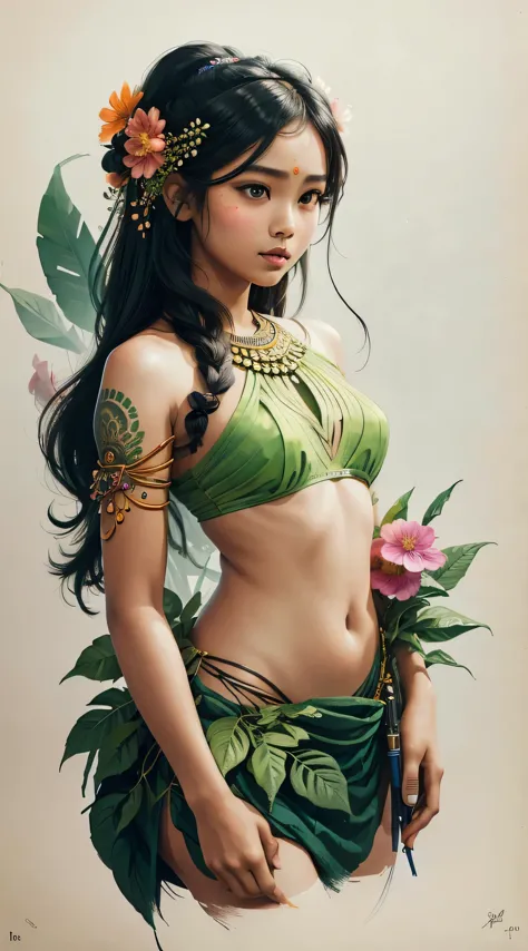 this photo shows、it combines the body of a breathtakingly beautiful east indian girl with flowers and leaves.。, bright colors, h...