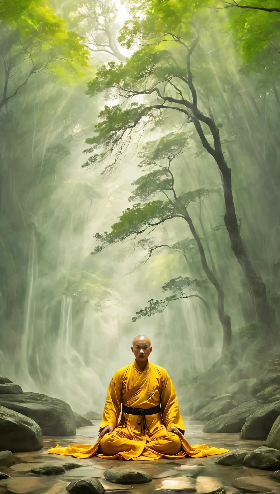 Um monge Shaolin atuando,
Explosão de Qi, barreira espiritual, energia mística, Fluxos de prana, Yin Equilibrado,
volumetric fog,
Careca, Prado,Xianxia
