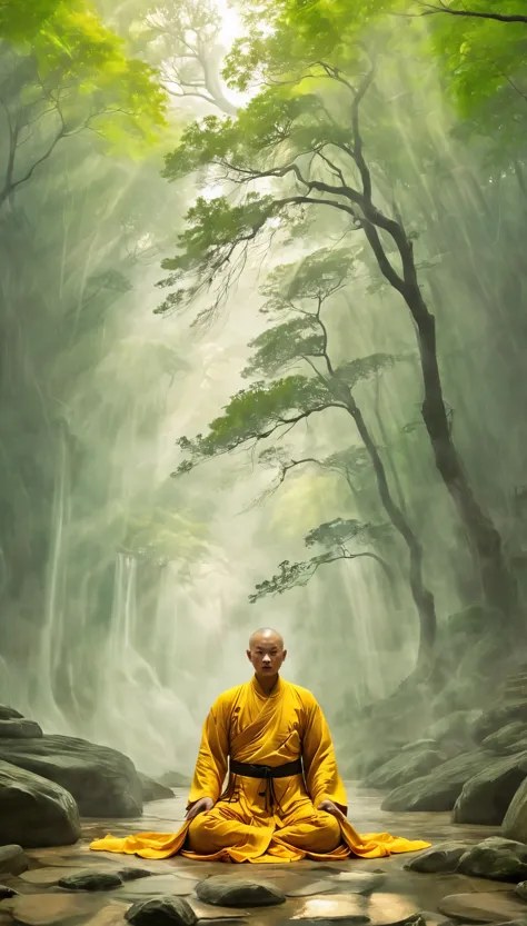 A Shaolin monk acting,
Qi explosion, spirit barrier, mystique energy, Prana streams, Yin yang balance,
volumetric fog,
bald, mea...