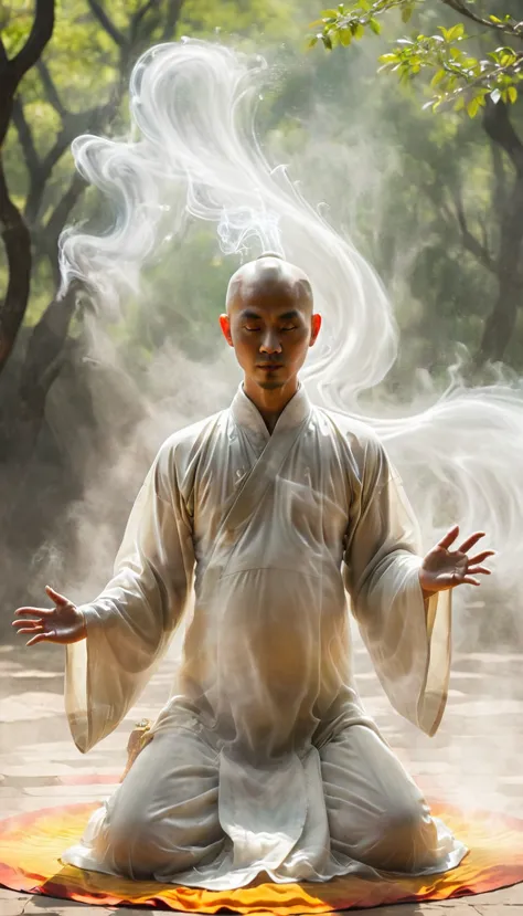A Shaolin monk acting,
Qi explosion, spirit barrier, mystique energy, Prana streams, Yin yang balance,
volumetric fog,
bald, mea...