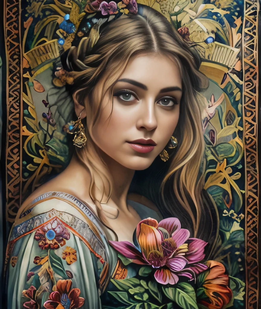 obra maestra, retrato de la parte superior del cuerpo, chica, tatuajes, flores, Edad media, ropa tradicional, Clasicismo, estilo andréi atroshenko, cuadro, medios de comunicación tradicionales, Realista, figurativo, arte fino, óleo sobre lienzo, hdr, 8K, Personaje original, Alta resolución, Alto detalle, Centrarse en la cara, Intrincado, impecable, chica and flores are merging