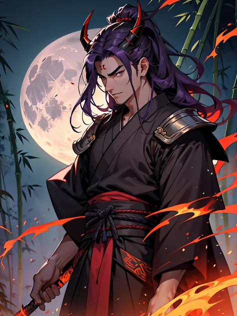 illustration of a standing samurai, he is wearing black and red japanese armor, he has long purple hair, his eyebrows are thin, ...