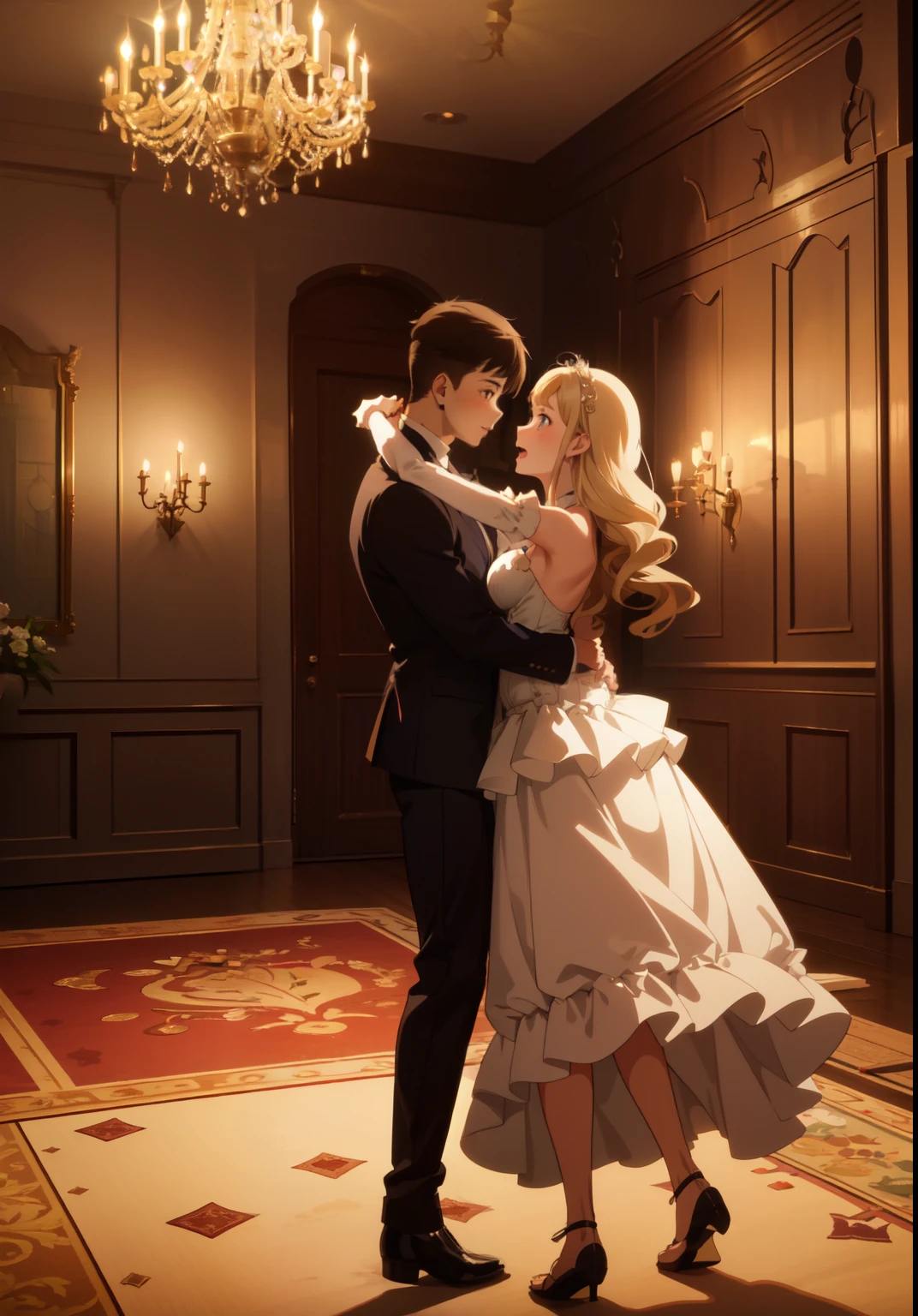 ((Anime)) ,(((Girl and boy))), (((dancing at the ball))), (masterpiece:1.2), Best quality, a high resolution, unity 8k wallpaper, (illustration:1.2), (very detailed face), (Perfect hands), (Ideal Anatomy), ((girl with long black hair)), (girl with lilac eyes), (girl in a black dress with a corset), (dress with blue transparent sleeves), ((Guy blonde)), ((short wide guy)), ((very muscular guy)), (((stocky guy:1.2))), very beautiful ballroom, luxurious hall, Magnificent chandelier, Beautiful carpet, night ball, night