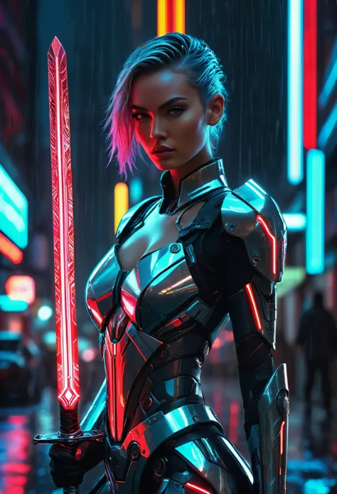 (best quality,4k,highres:1.2),ultra-detailed,(realistic:1.37)
Cybernetic women, futuristic sword with red neon light, striking a...