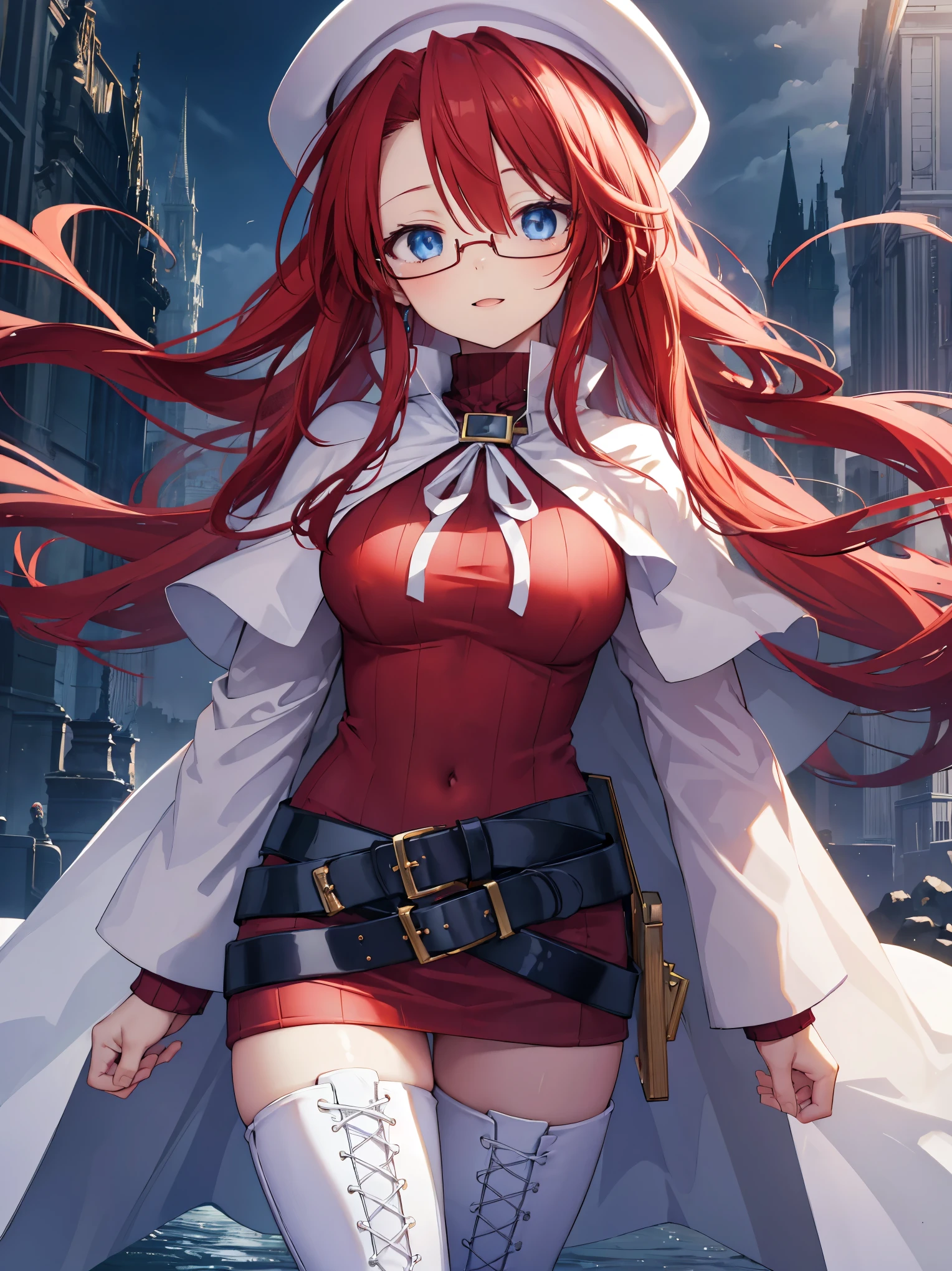 summonnightaty, aty, long hair, blue eyes, red hair, beret, hat, glasses,
BREAK long hair, thighhighs, hat, dress, boots, glasses, belt, cape, sweater, zettai ryouiki, beret, thigh boots, white footwear, ribbed sweater, loose belt,solo,
BREAK outdoors, fantasy,on_a_ship,
BREAK (masterpiece:1.2), best quality, high resolution, unity 8k wallpaper, (illustration:0.8), (beautiful detailed eyes:1.6), extremely detailed face, perfect lighting, extremely detailed CG, (perfect hands, perfect anatomy),covered_nipples,covered_navel,light_smile ,(half_eyes:1.4),long_sword,edge,armpit,sleepy,dynamic_standing,red_sweater,apart_legs,magical_effect,pulmp,big_tits,light_open_mouth,prepare_a_sword