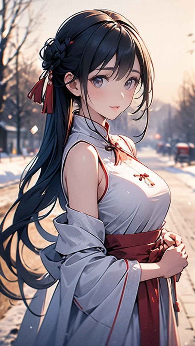 1girl, bare shoulders, bare tree, blurry, blurry background, blurry foreground, branch, breasts, china dress, chinese clothes, depth of field, double bun, looking at viewer, outdoors, snow, solo, tree, winter