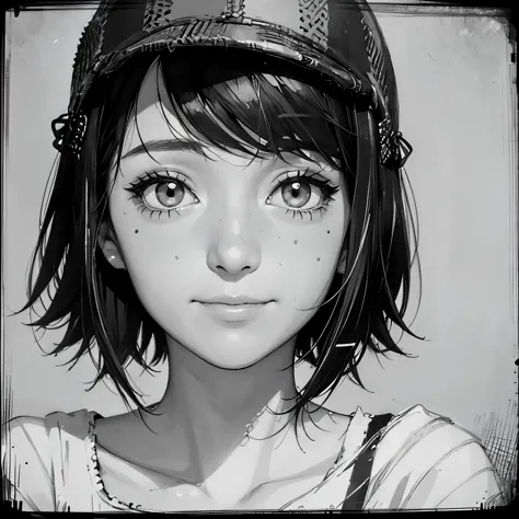 a close-up portrait of a winking girl with a black bob and bangs, manga style, black and white drawing