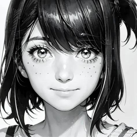 a close-up portrait of a winking girl with a black bob and bangs, manga style, black and white drawing