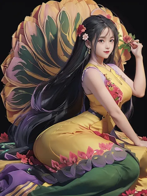 Works Female Solo ((Adult iemale));  Long-haired princess( ((Painting a big flower on the dress))) (Yellow dress reflection) (Re...