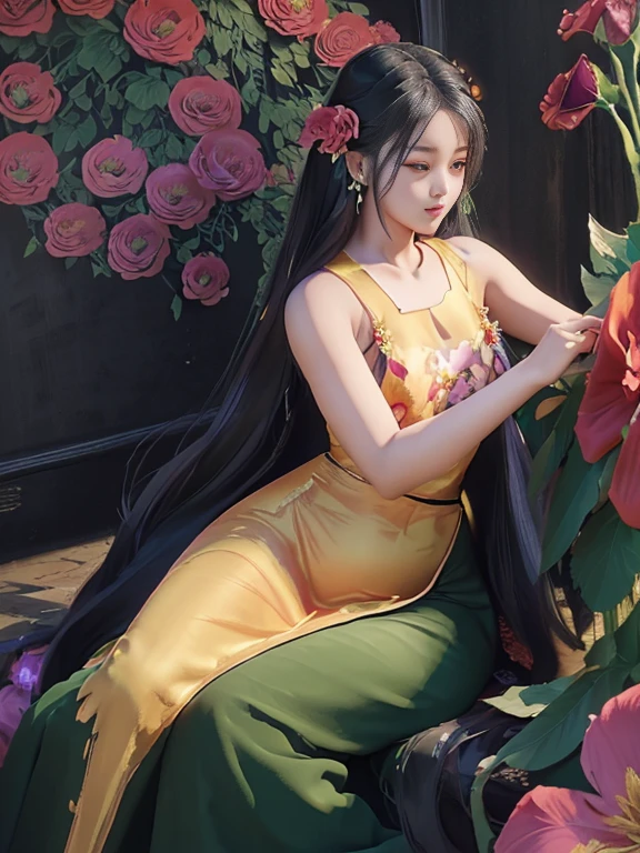 Works Female Solo ((Adult iemale));  Long-haired princess( ((Painting a big flower on the dress))) (Yellow dress reflection) (Red dress reflection) (Green dress reflection) (Black dress reflection) (Purple reflection) (Golden dress reflection) romantic, Enjoy the viewer! (fullbody)
  cartoon anime (oil paint) Burmese girl,  18 years old   scene, background clear Hd 8k