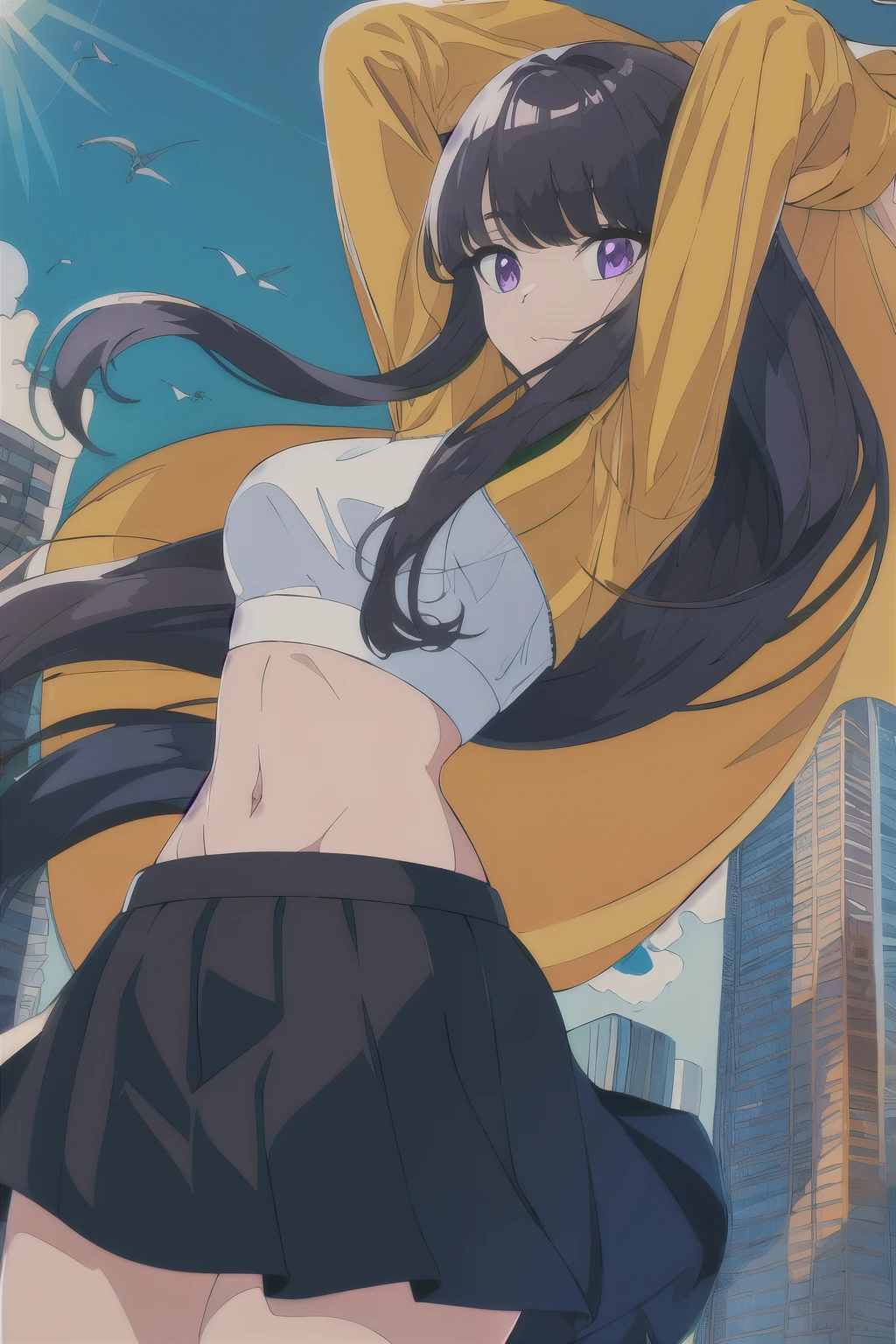 (best quality, highres, masterpiece:1.2), purple eyes, black hair, long hair, bangs, blunt bangs, very long hair, colorful skirt, jacket, outdoors, park, vibrant colors, buildings, sunshine, midriff, navel, stomach, long sleeves, wind blow, wanostyle, arms up, thick shirt