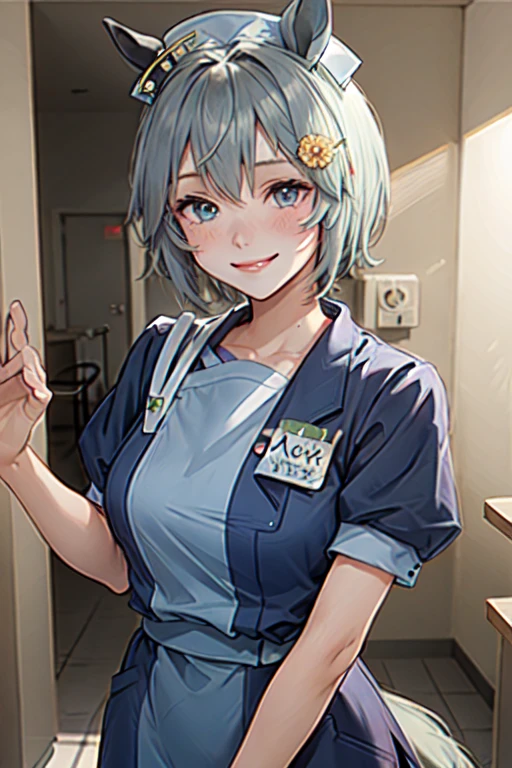 Seiun Sky (umamusume), 1lady solo nurse, /(nurse uniform cap/), /(short hair/), blush kind smile, (masterpiece best quality:1.3) delicate illustration ultra-detailed , large breasts BREAK /(hospital hallway/)