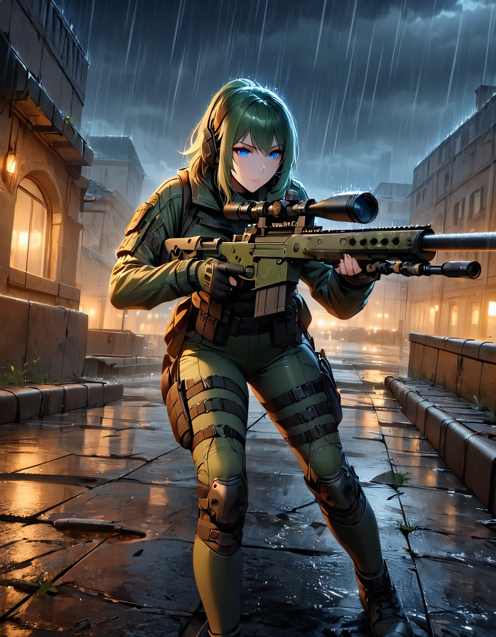 masterpiece, best quality, semi-realistic, 1girl, assassin, age 24, mature lady, green hair, medium hair, ponytail, blue eyes, tall woman, holding and aiming a sniper rifle with suppressor and scope, tactical headset, rain, eastern european backdrop, night, rooftop, dark brooding atmosphere, green bodysuit, combat boots, calm and calculated, standing