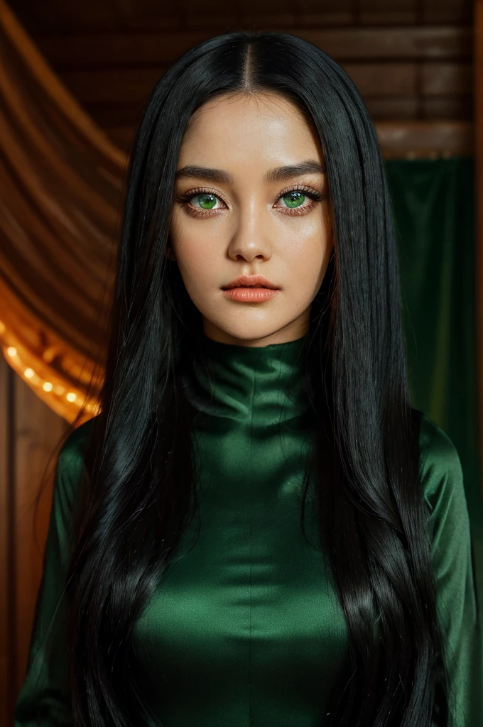 A wonderfull woman looking at us, magestic princess snake face,agressive looking, Very Long Black Hairs((smooth hair)), Wonderfull Eyes(Green | Orange), fin face, tall girl, black thight cloth with long dress, "olivia hussey",jinx asmr body, 8k ultra-detailed features,(Masterpiece, best quality, ultra-detailed)