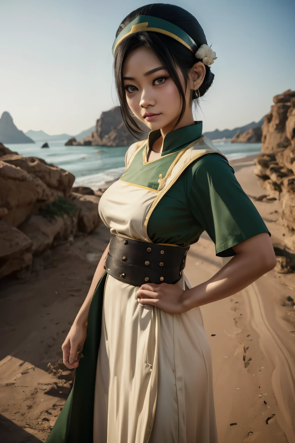 Toph beifong from avatar, ((Toph beigong)), earthbender clothes, earth tribe clothes, toph clothes, large breasts and wide hips, perfect and full lips, round grat eyes looking at the viewer, ((Lana Condor)), pale skin, curvy body,  avatar the legend of aang, avatar, earthbender background, black hair tied into a bun with a headband , attention to detail, focus, sharpness, absurd details, realism, hyper focus, perfect fingers, well-drawn lips, clear face, colors in tone pastel, fhd, 4k, high resolution, dynamic poses, clear faces, soft expressions, gentle smile  