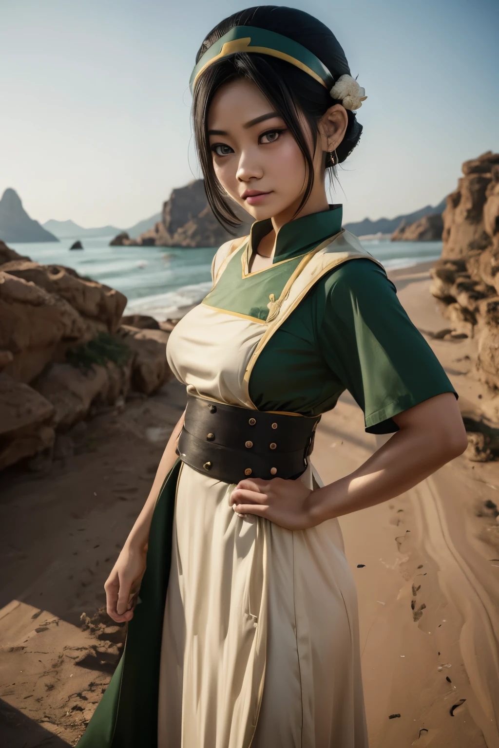 Toph beifong de avatar, ((toph beigong)), ropa de maestro tierra, ropa de la tribu de la tierra, ropa superior, Senos grandes y caderas anchas, labios perfectos y carnosos, Ojos redondos y grandes mirando al espectador., ((Lana Cóndor)), piel pálida, cuerpo con curvas,  avatar la leyenda de aang, avatar, fondo maestro tierra, cabello negro recogido en un moño con una diadema , Atención a los detalles, enfocar, nitidez, detalles absurdos, realism, hyper enfocar, Dedos perfectos, labios bien dibujados, cara clara, colores en tono pastel, FHD, 4k, alta resolución, poses dinámicas, cara claras, expresiones suaves, sonrisa gentil  