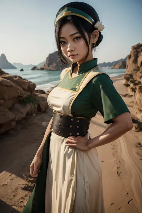 Toph beifong from avatar, ((Toph beigong)), earthbender clothes, earth tribe clothes, toph clothes, large breasts and wide hips,...