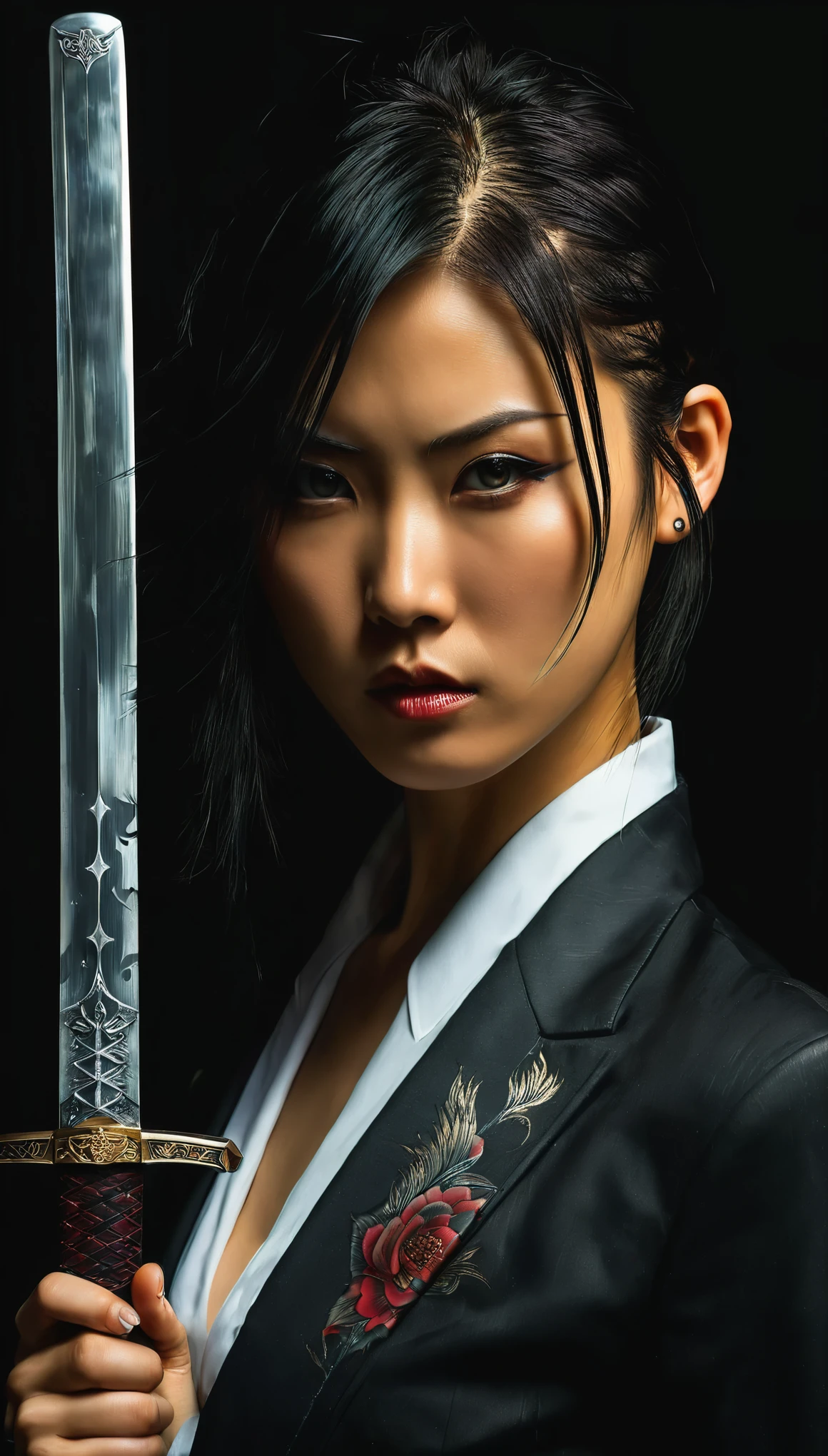 realistic, 1girl, portrait, beautiful japanese girl, yakuza tattoo on body, she hold katana sword near face, shining metal, eyes reflection from sword metal, white shirt and elegant black suit, elegant assassin, female swordman, Low-key lighting Style