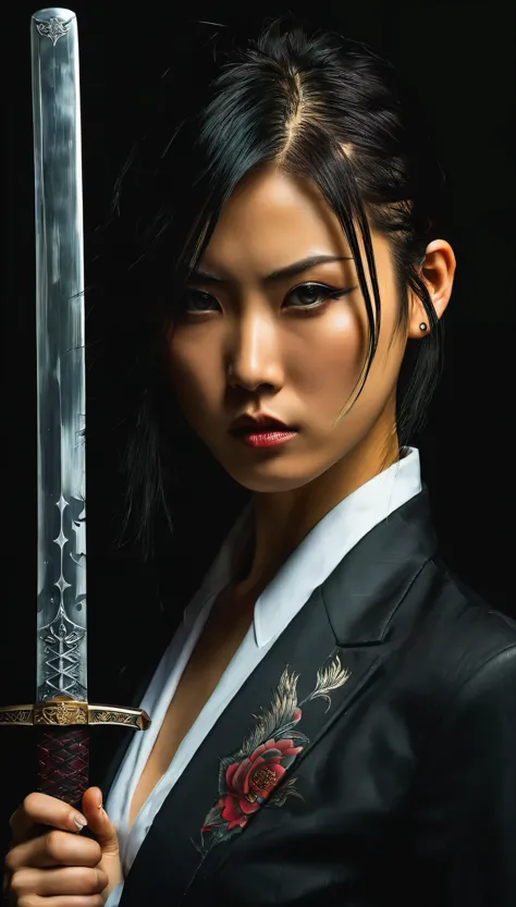 realistic, 1girl, portrait, beautiful japanese girl, yakuza tattoo on body, she hold katana sword near face, shining metal, eyes...